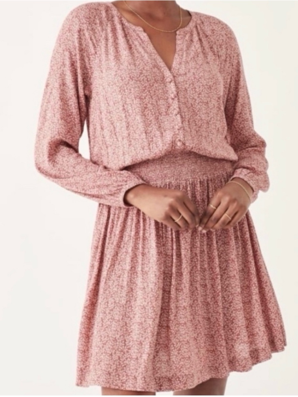 FAHERTY | Montana Mauve Leaf Batik Long Sleeve Mini Dress Boho Sz. Small